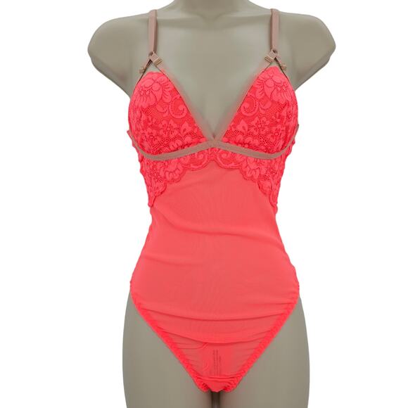 Free People We Are HAH Bust Out Bodysuit in Fried Salmon Lace Mesh Hook Back NEW - Picture 1 of 8